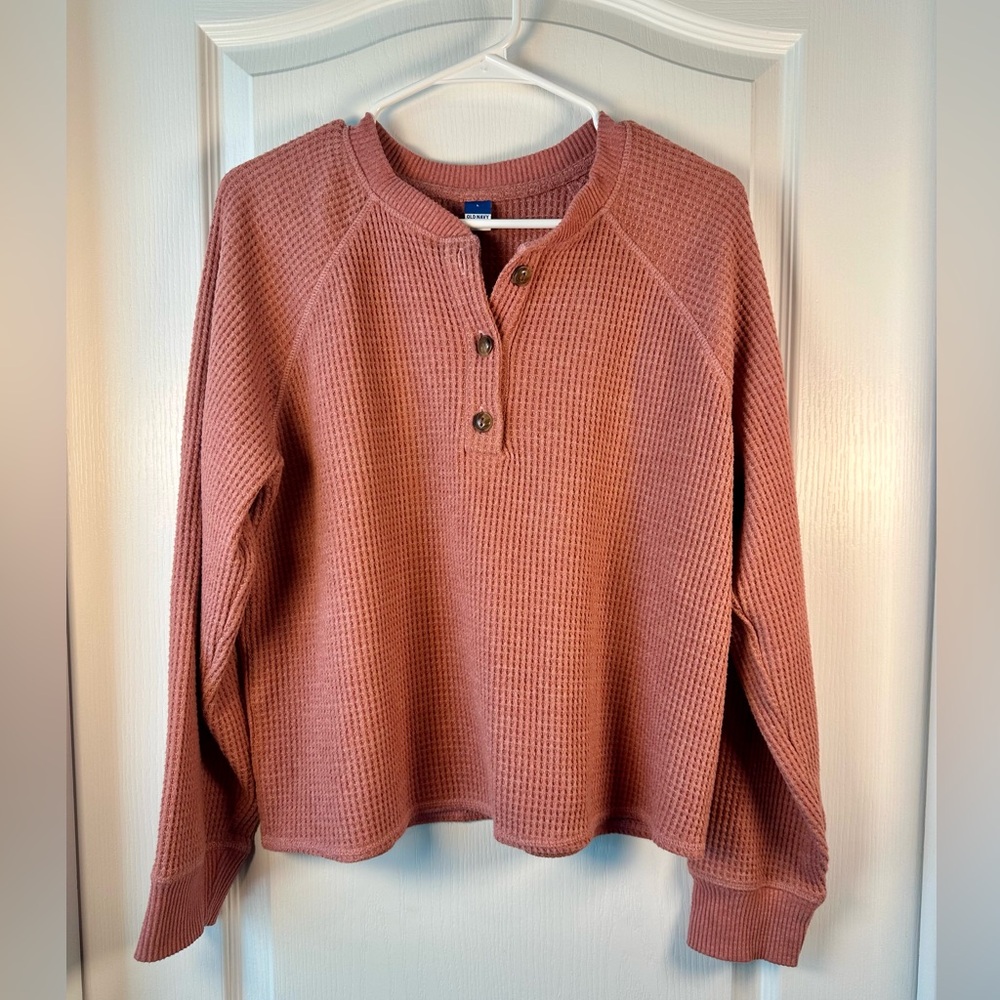 Old Navy Cropped Waffle Knit Henley Top Women’s L Rust Thermal Long Sleeve Shirt